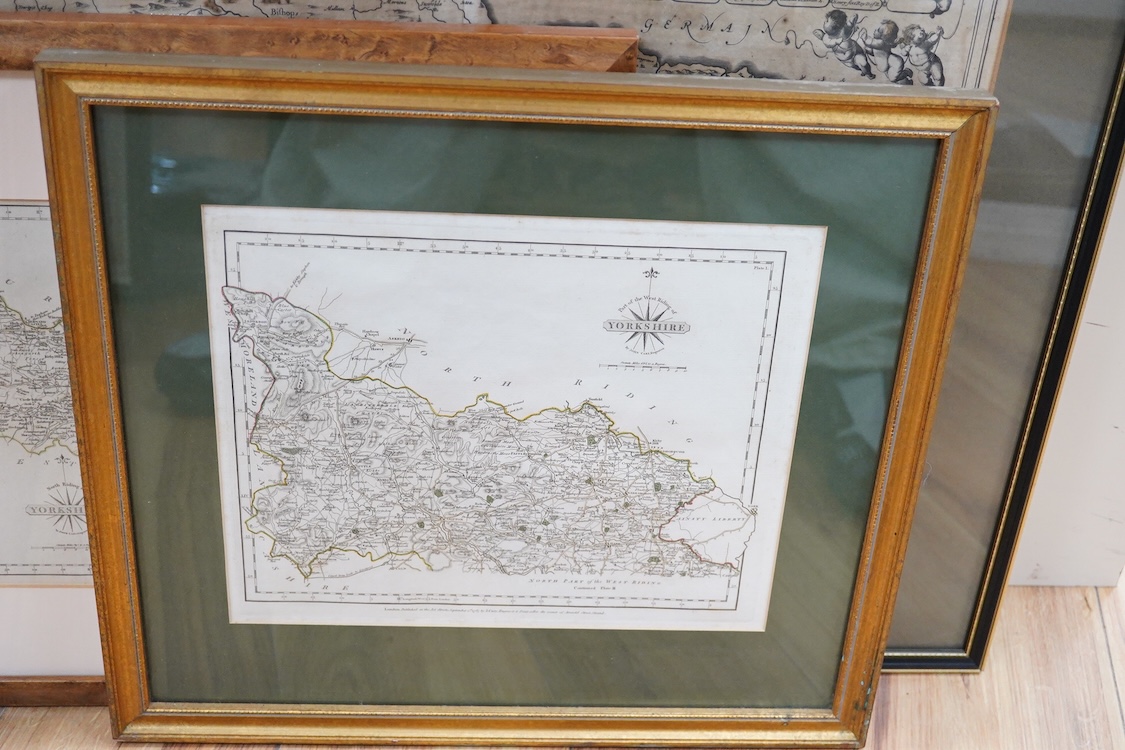 After John Speed (1552-1629), Antique hand coloured engraved map of Yorkshire, sold by Thomas Bassett in Fleet Street and Richard Chiswell in St. Paul's Churchyard, together with a similar example after Jan Jansson, and